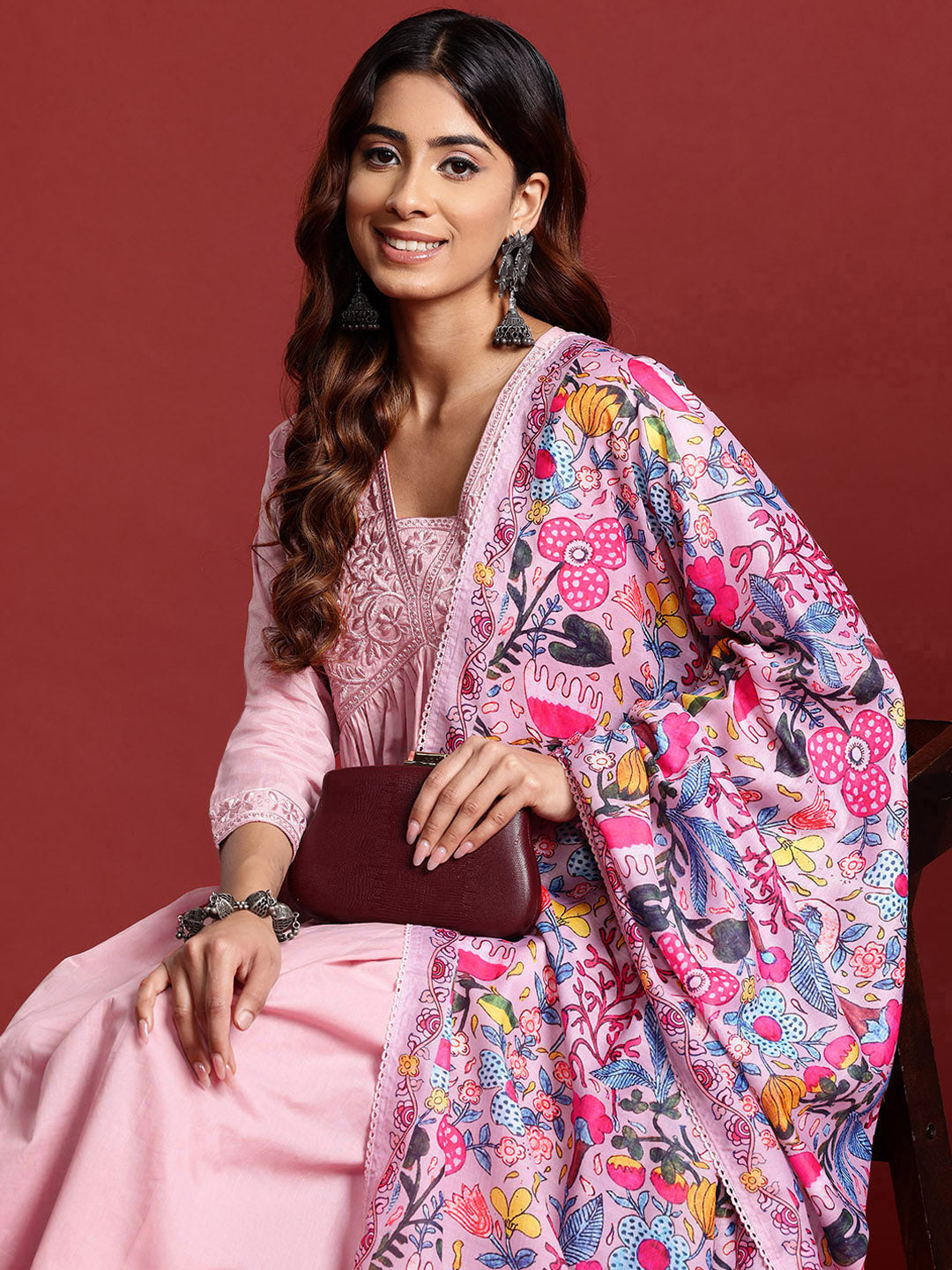 Women Floral Embroidered Pleated Thread Work Pure Cotton Kurta with Trousers & With Dupatta